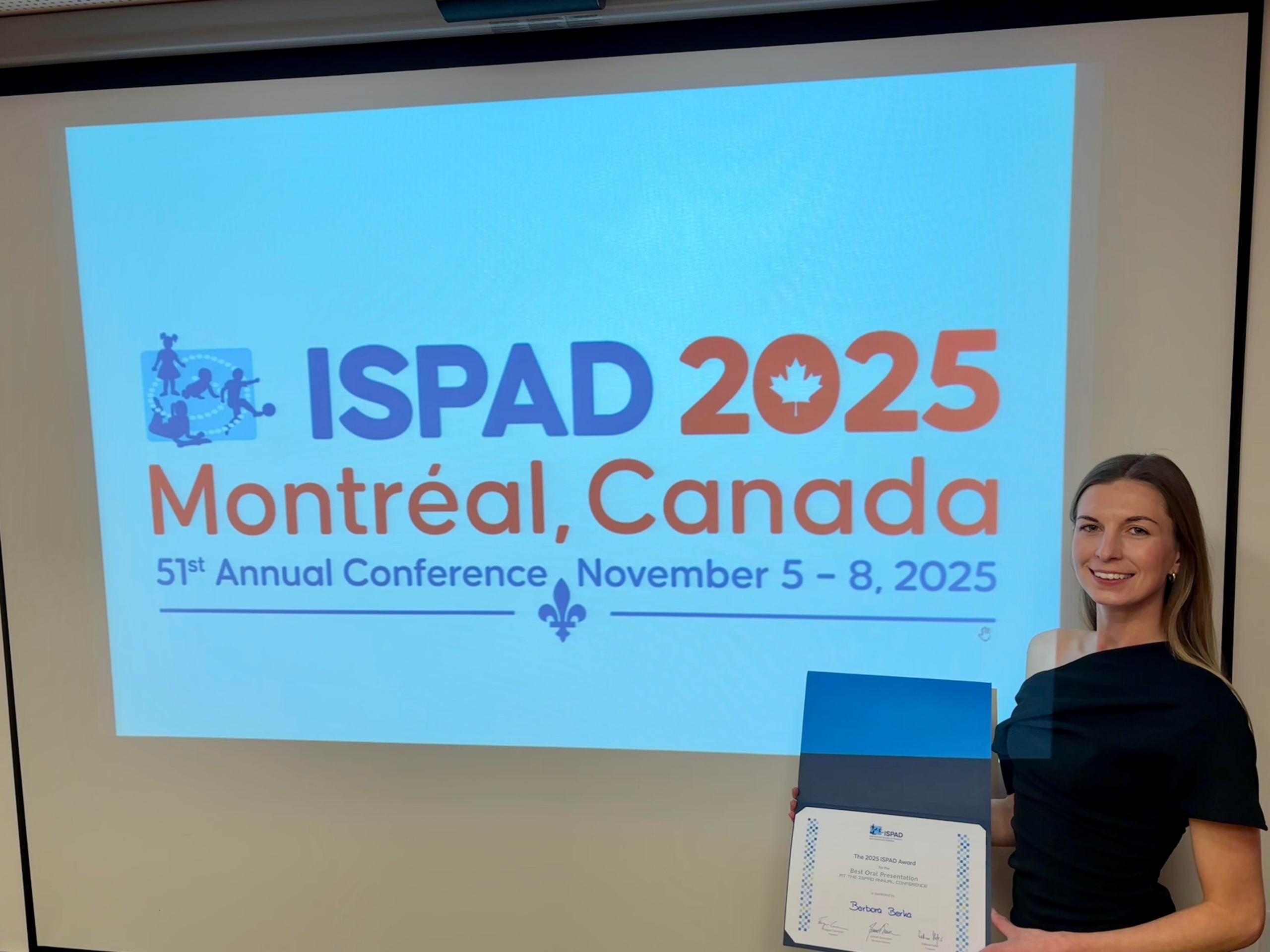 Lékařka Pediatrické kliniky MUDr. Barbora Berka získala na 51. výroční konferenci ISPAD, která se konala v listopadu v Montreal, ocenění za nejlepší přednášku.