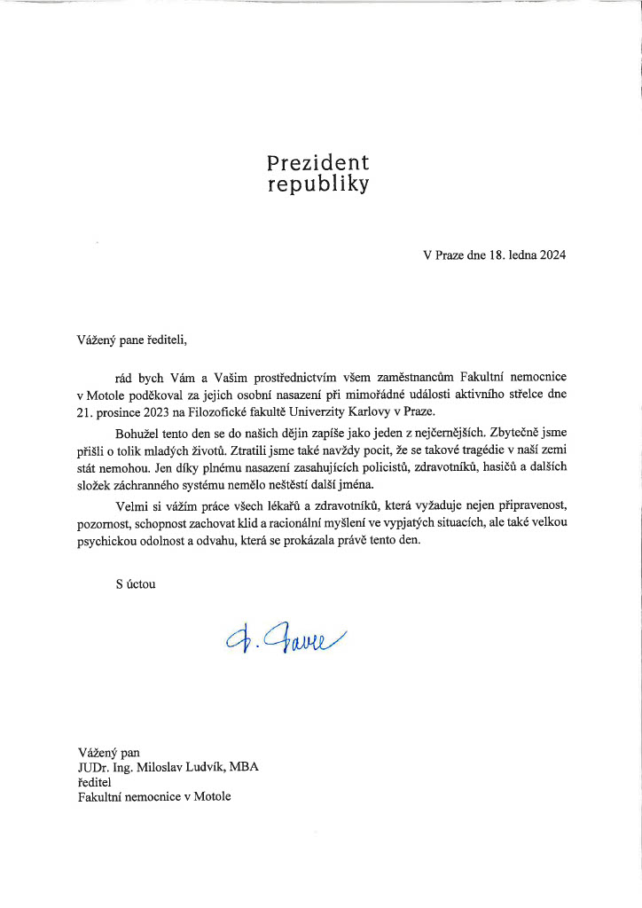 Děkovný dopis od prezidenta